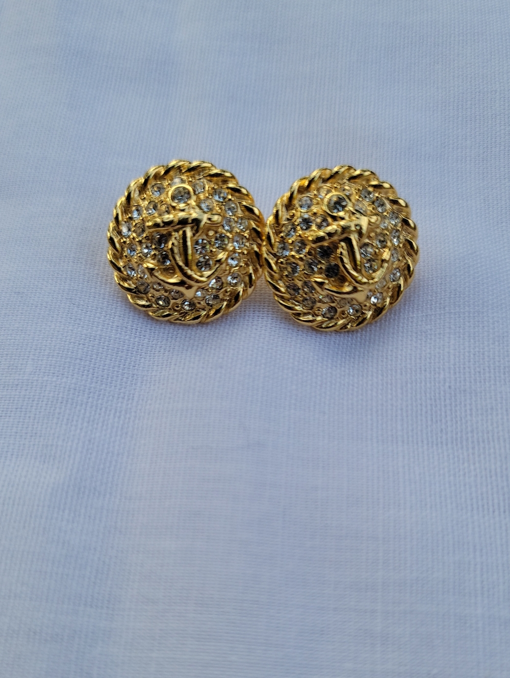 Vintage Carolee Gold-Tone Crystal Nautical  Rope Button Pierced Earrings